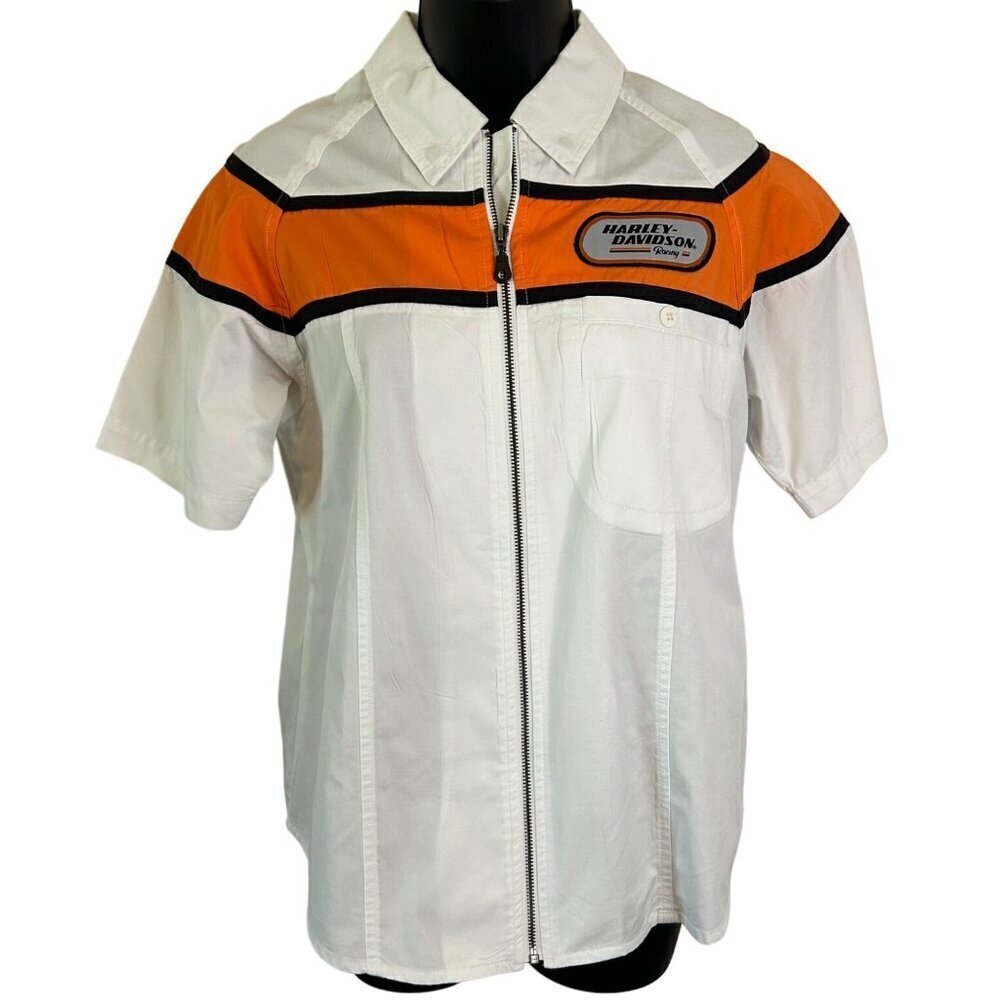 Harley Davidson Racing Embroidered Patch Striped Full Zip Women's Shirt Size Sma